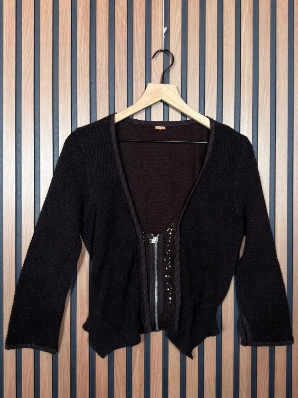 Free People Jacket M / L Brown Half Zip Bead Trim Cropped Clanky Knit Cardigan
